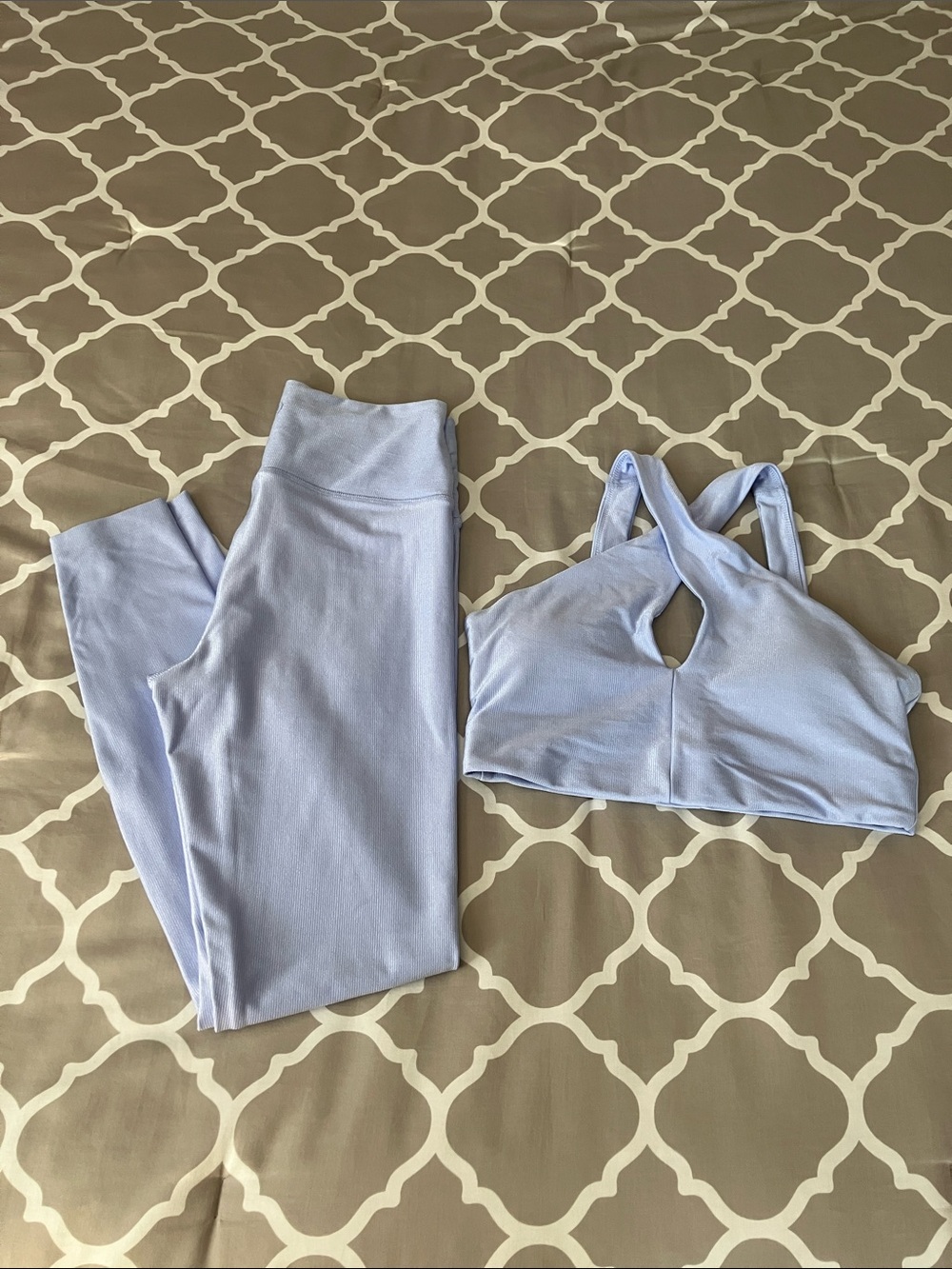 all in motion periwinkle blue ribbed multi way bra and high waisted legging set